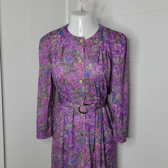 Peri Petites Vintage Button Up Belted Dress ~ Sz 6 ~ Purple ~ Midi ~ Long Sleeve - Picture 3 of 7